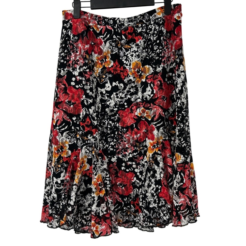 Christopher & Banks Womens Red Black Floral Lace Midi Skirt Elastic Waist Small